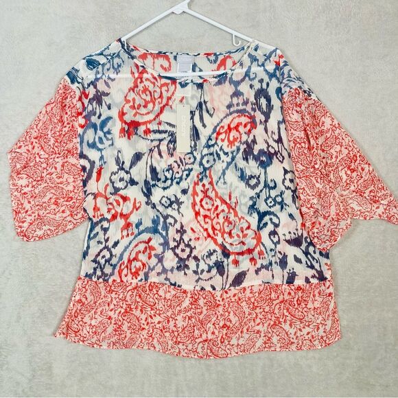 Chico's Paisley Ikat Print Flutter Sleeve Sheer Boxy Boho Blouse Top Medium NEW - Picture 2 of 8
